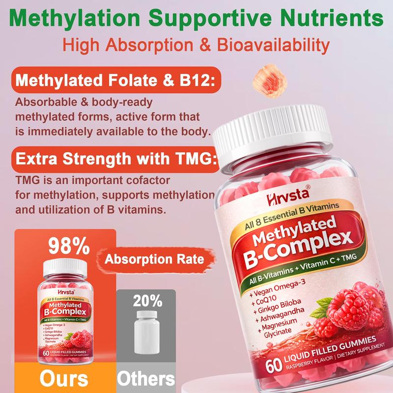 Ultra-Potent Methylated Vitamin B Complex Gummies - Contains all B vitamins + Omega-3, Magnesium, Coenzyme Q10, Ashwagandha, Vitamin C, and TMG - Suitable for both men and women.