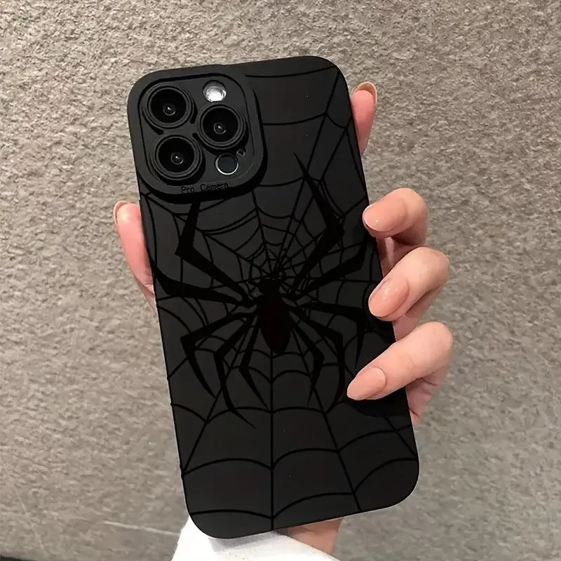 Black Spider Crawling Web Metal-Silicon Protective Case - iPhone Accessory for 17,16,15,14,13,12,11,XS,XR,X,8,7,Mini,Plus,Pro,Max,SE Series - Smartphone,Cellphone,Handheld Devices Accessories - Friend Gift