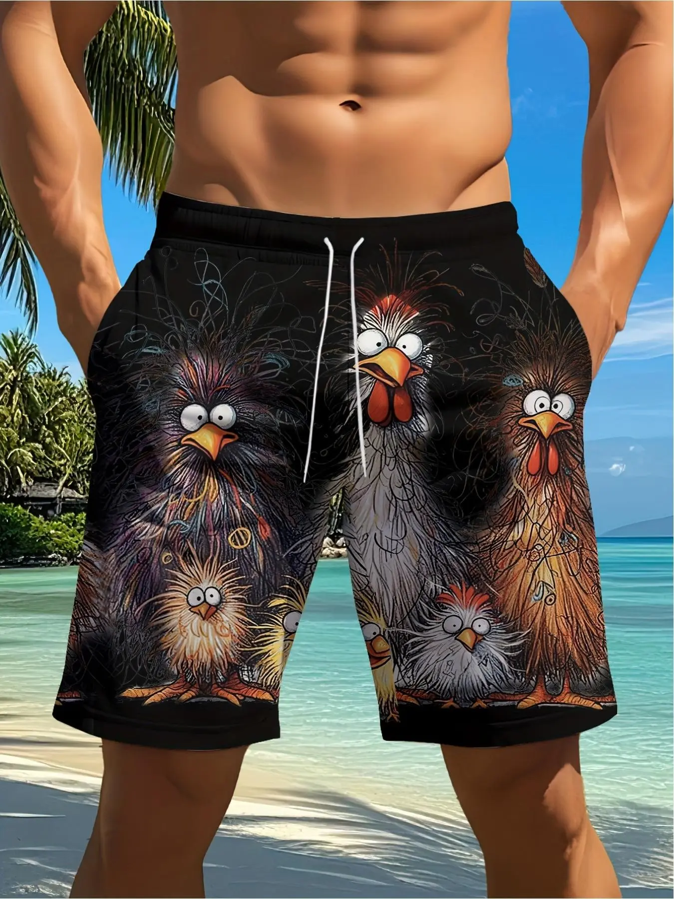 Fun Animal Chicken 3D Drawstring Swim Trunks, Hawaiian Surfboard Beach Shorts, Men's Low-Rise Swimsuit, Sporty Casual Style, Summer Swim Trunks, Low Waisted Swim Shorts, Swimming Trunks, Swimwear Shorts