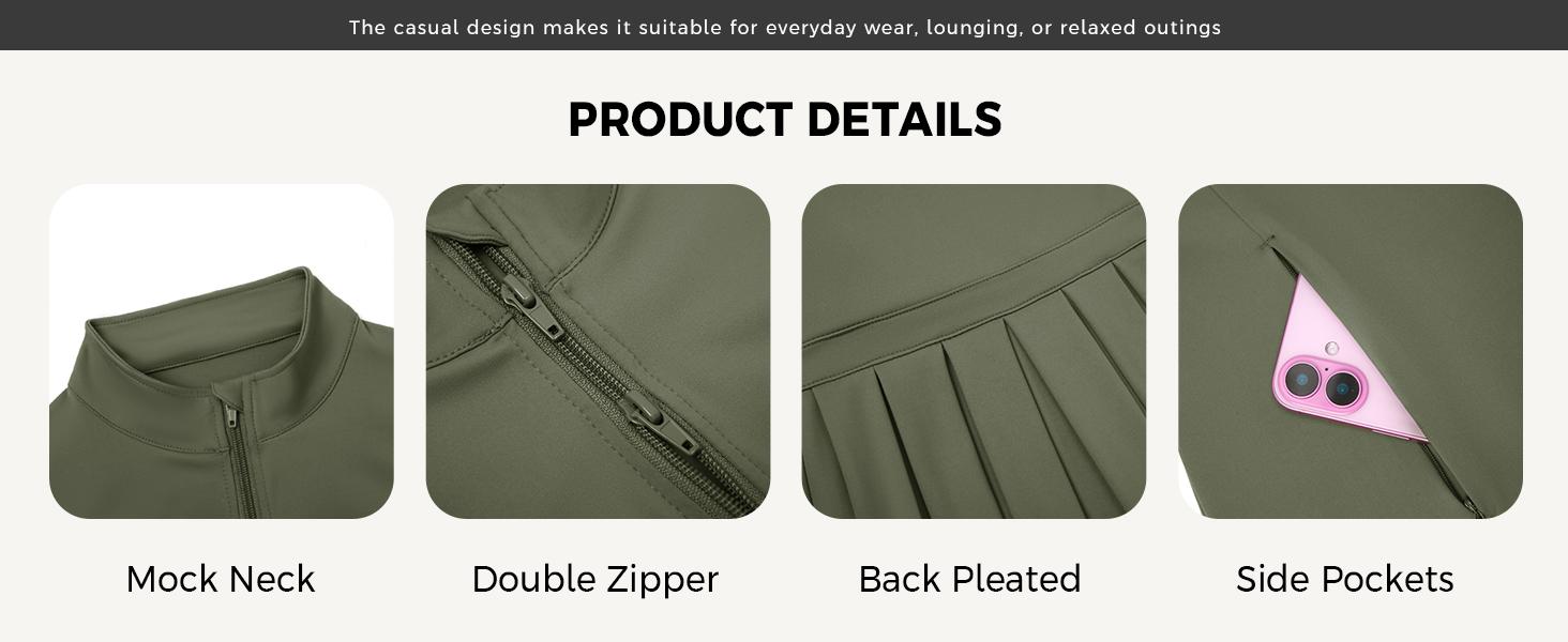 Fisoew Sports 2026 Summer Spring Women's Zippered Sports Jacket, Pleated Lightweight Slim Fit Stand Collar with Thumbhole Pockets, SpringStatements