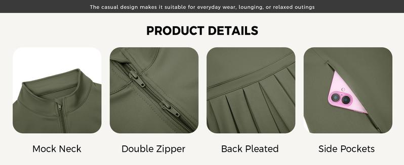 Fisoew Sports Women's Zippered Sports Jacket, Pleated Lightweight Slim Fit  Stand Collar with Thumbhole Pockets,Valentine's Day Gift Recommendations