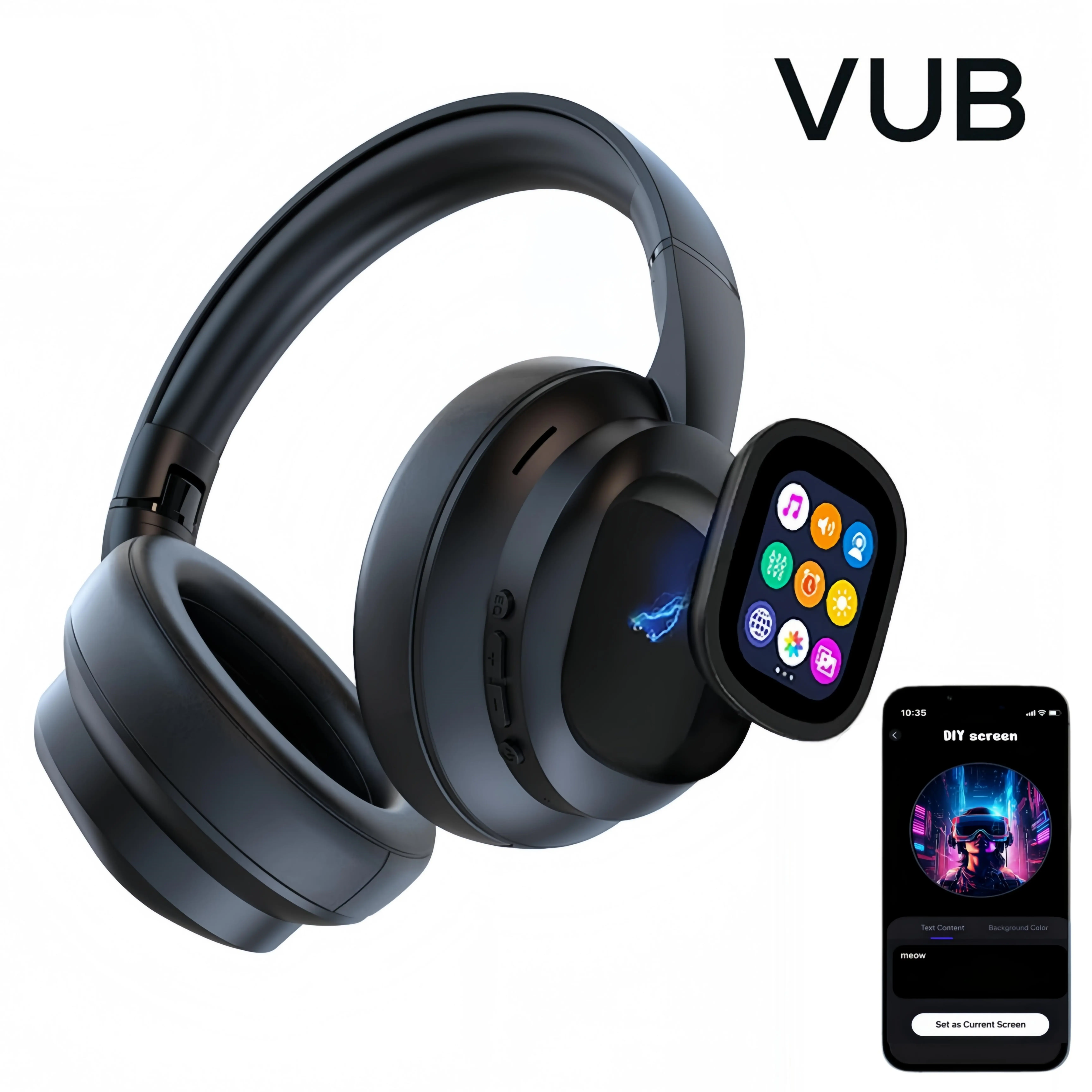 VUB Portable Wireless Bluetooth LCD Touchscreen Headphones - Foldable Digital Audio Headset with DIY Wallpapers, Charging Cable, Waterproof Design & Multiple Features, Wireless Headphones