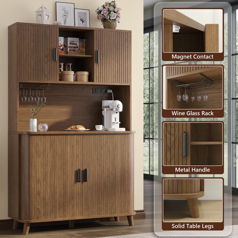 Aowos 71” Pantry Cabinet with Charging Station, Tall Kitchen Storage Cabinet with 2 Sliding Tambour Doors, Hutch Bar Cabinet with Built-in Wine Rack and Adjustable Shelves, Freestanding Buffet Sideboard for Kitchen, Dining Room, Walnut, Black, Natural