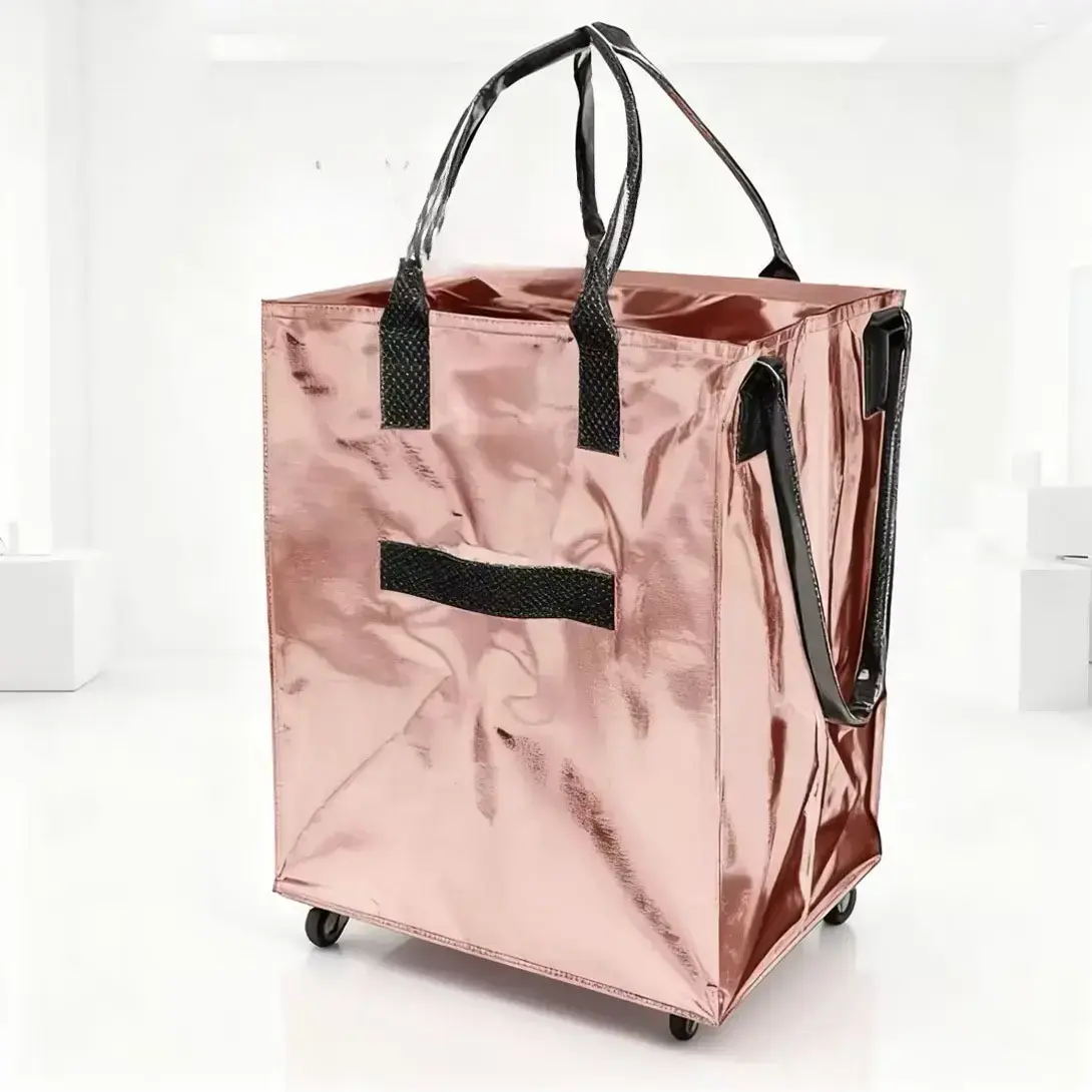 Foldable Wheel Handbag Shopping Cart, Anti-Explosion Wheels, Zipper Closure, Thickened Washable, Travel Beach Airport, Reusable Bags Stylish Strap Functional Chic Classy Multi Contemporary Versatile Casual Roomy Nylon