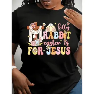 Plus Size Easter Bunny Print T Shirt Casual Round Neck Pullover