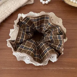 Coffee Houndstooth Lace Hair Tie – Elegant Multi-Layer Ponytail Holder