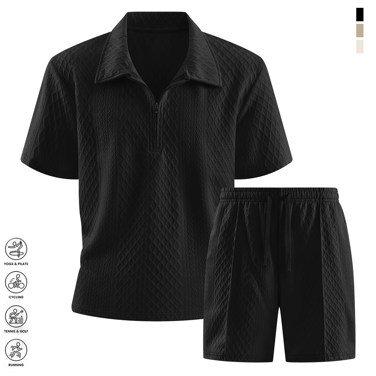Men's two-piece set summer solid color casual sports short-sleeve polo shirt with lightweight pocket drawstring elastic waist shorts suitable for vacation beach golf outdoor sports breathable cool soft mesh fabric an essential for summer