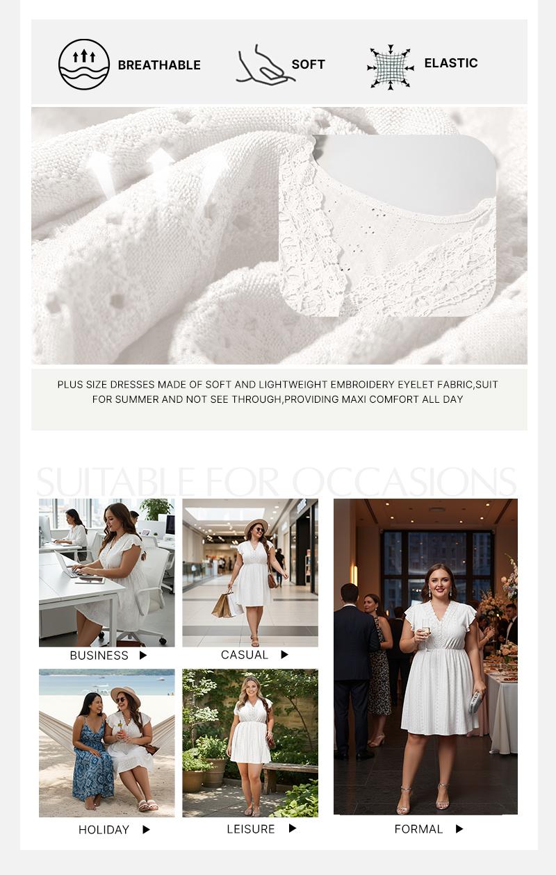 Eytino Plus Size Dresses for Women Summer Ruffle Cap Sleeve Lace V Neck Embroidery Eyelet A Line Dress(1X-5X)