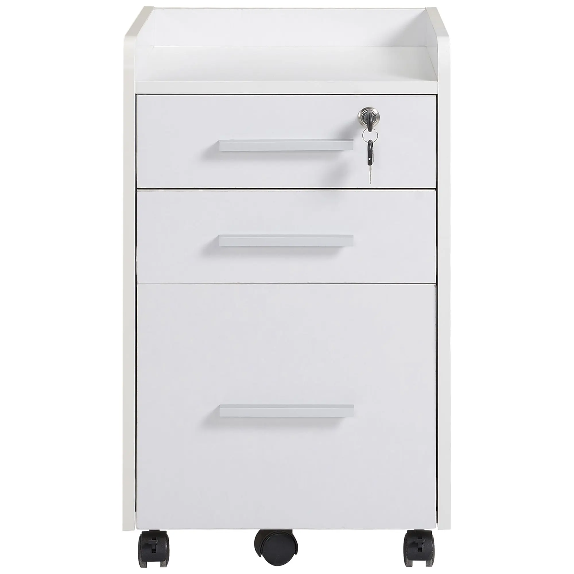White Lockable 3-Drawer Mobile File Cabinet - Commercial Office Furniture, Lockable Draw, Mobile Cabinet, Rectangular Form, A4 Folder Capacity, 5-Wheel Base, Edged Top, Rolling Design, Requires Setup