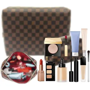 Checkered Makeup Bag, 2 Pcs Portable Leather Cosmetic Bag, Travel Toiletry Bag for Women, PERFECT for Christmas, Birthdays, Valentine’s Day Lipstick Organizer