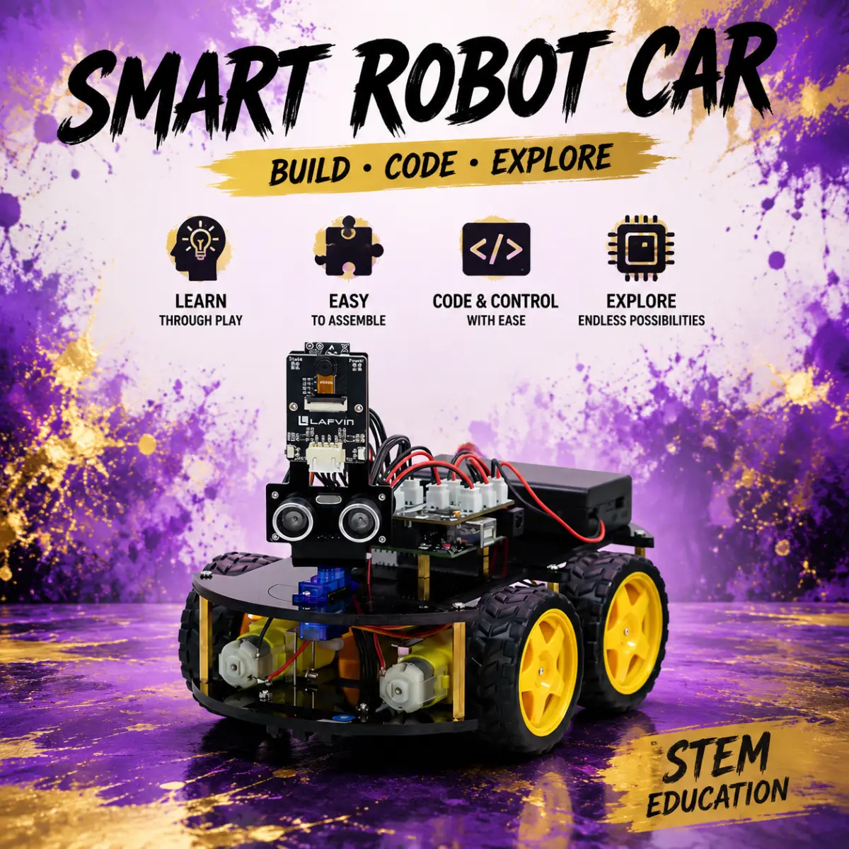 Arduino UNO R3 Smart Robot Car Robotics Assembly Kit for Beginners, Ages 12+, Easy DIY Plug-N-Play Build with 4 Modes: Line Tracking, Obstacle Avoidance, Follow, IR Control, STEM Toy Gift