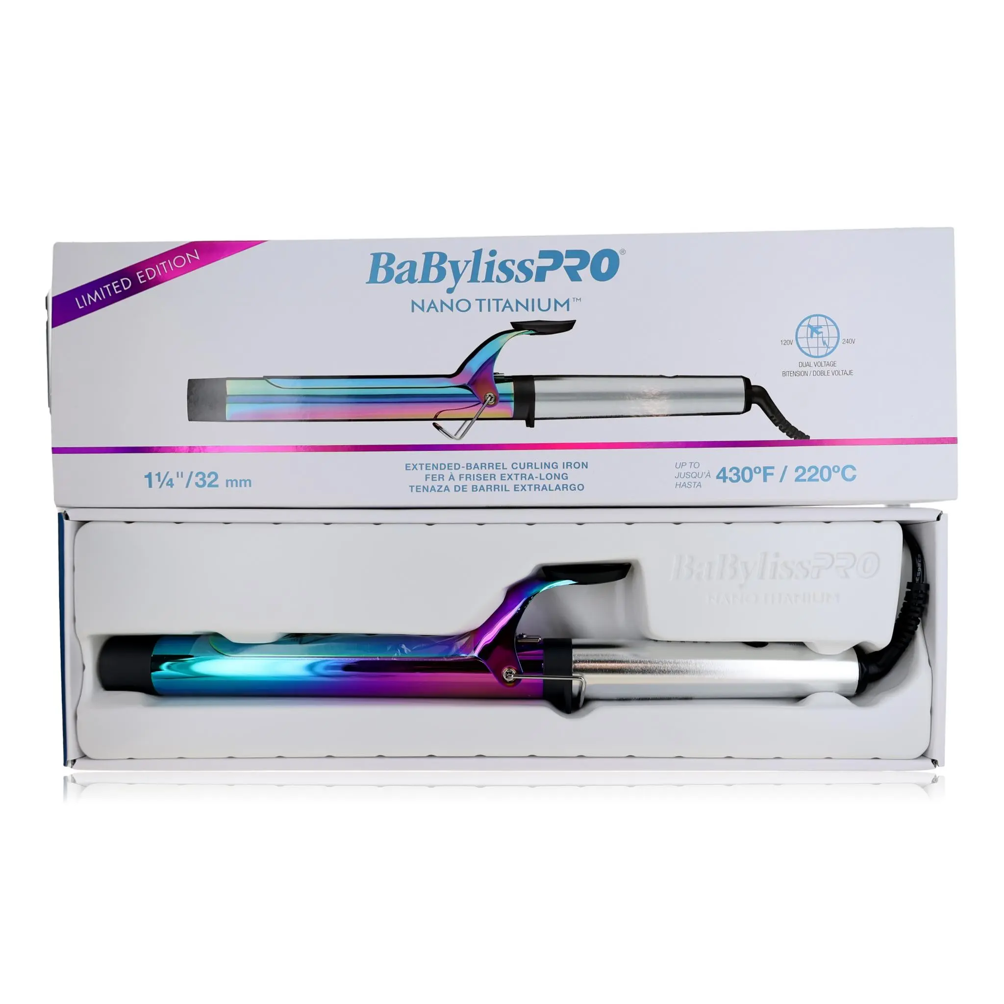 BaBylissPRO Nano Titanium Extended Barrel Curling Iron - 1.25 in, Lightweight, Ultra Lightweight, Digital Temperature Control, Up to 430 F