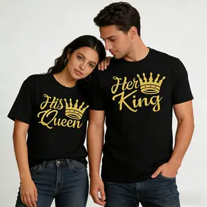 His Queen Her King Couple¡¯s Matching Graphic Tees, Gold Crown Black Cotton T-Shirts, Romantic His & Hers Anniversary Gift Shirts, King and Queen Matching Outfits, Royal Themed Couple Tops