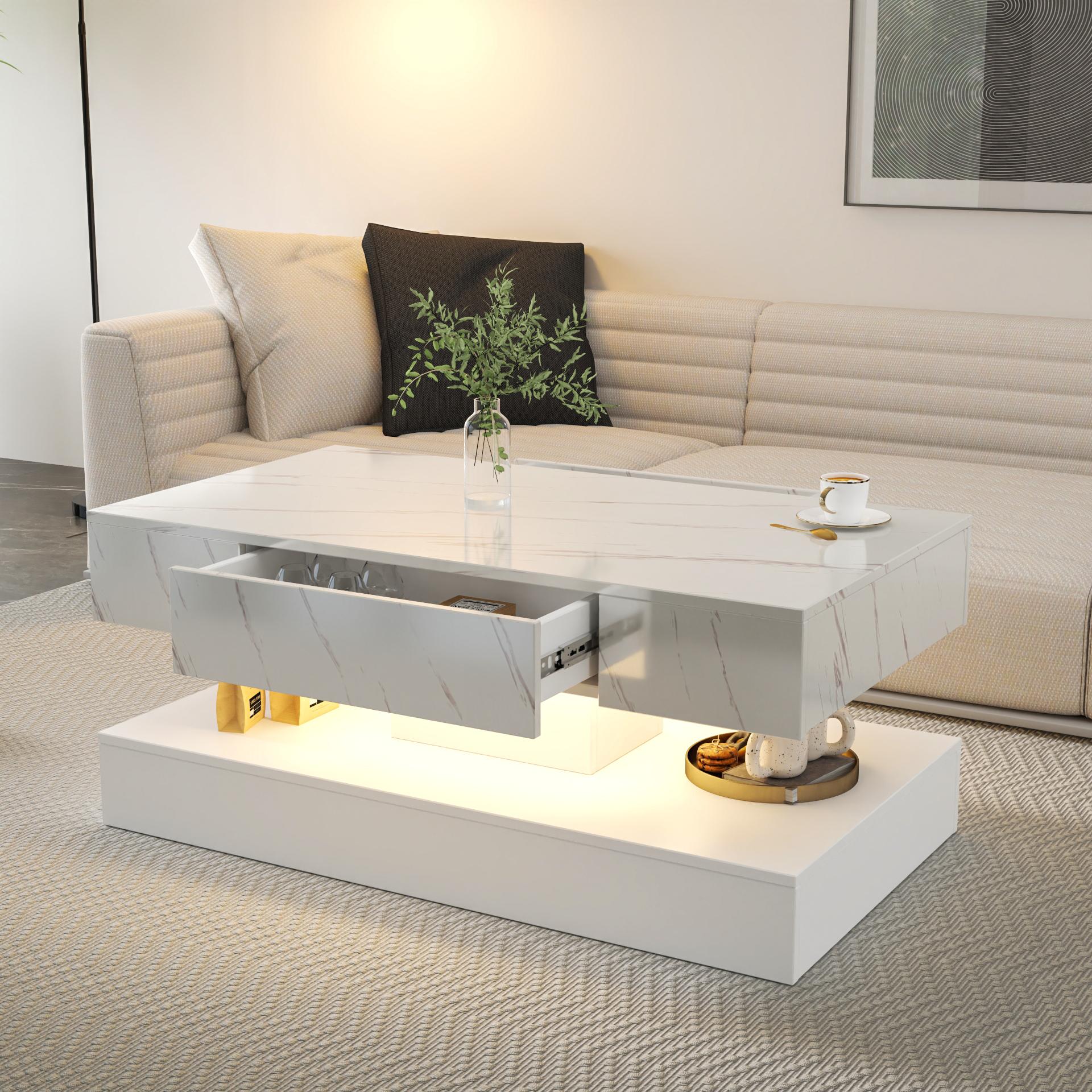 LED Coffee Table with RGB Lights & Remote, 39" Modern Living Room Center Table with Storage Drawer, White / White Marble Contemporary Furniture, 16.93" High