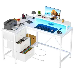 Versatile Reversible L-Shaped Desk with Power Outlet & 3 Drawers - Stylish Computer Desk with LED Lights, Monitor Stand, Perfect for Home Office & Gaming Setup