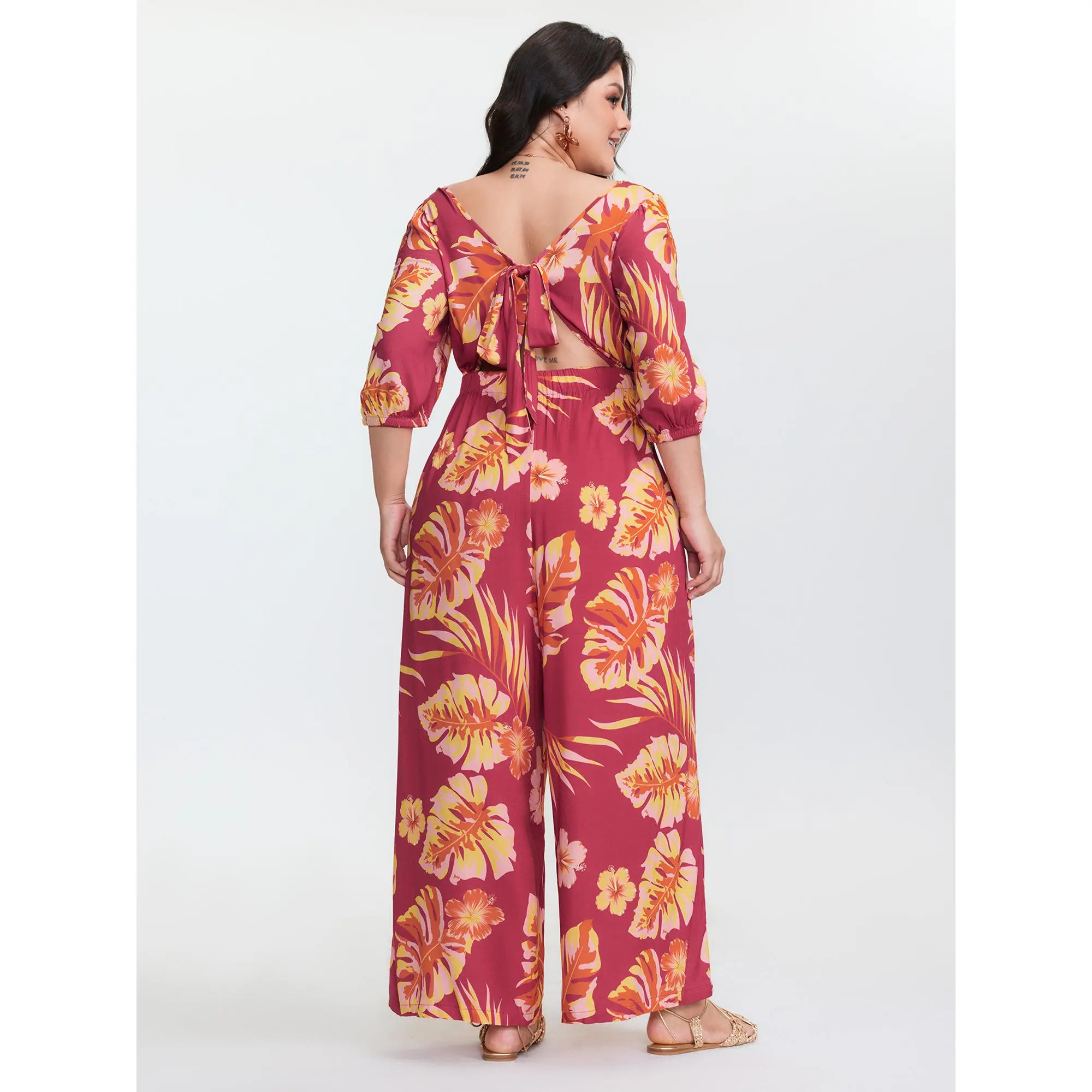 Women's Plus Size Boho Jumpsuit, Sleeveless Maxi with Tropical Floral Motif, Smooth Finish, Low Iron, Overalls, Pocket, Fabric, Rayon, Square Neck, Tropical Print, 14-16/1X, 18-20/2X, Garment, Fit, Multi-Size, Cold Wash