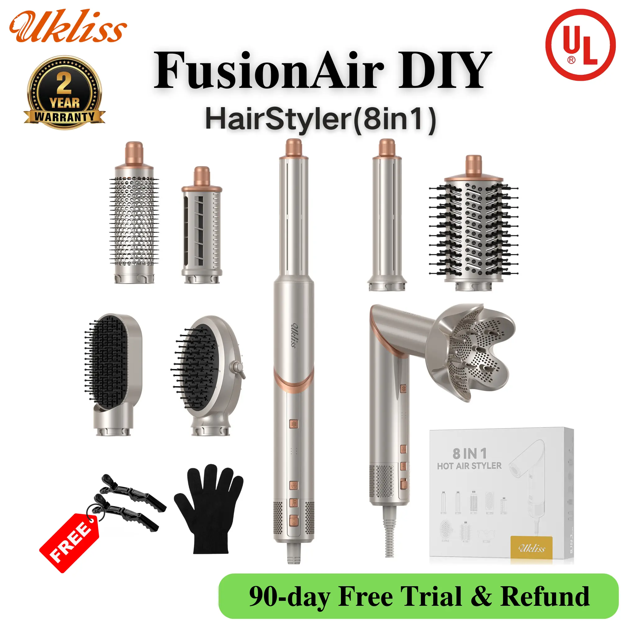 UKLISS FusionAir DIY HairStyler Airstyler Champagne Gold 90-Day Free Trial & Refund 2 Year Warranty 110000RPM HairCurler + HairStraightener + HairDryer + HotAirBrush + LowTemperatureHairCare + NegativeIons + BlowoutBoost + HairDiffuser + Fluffier, Hair Cu