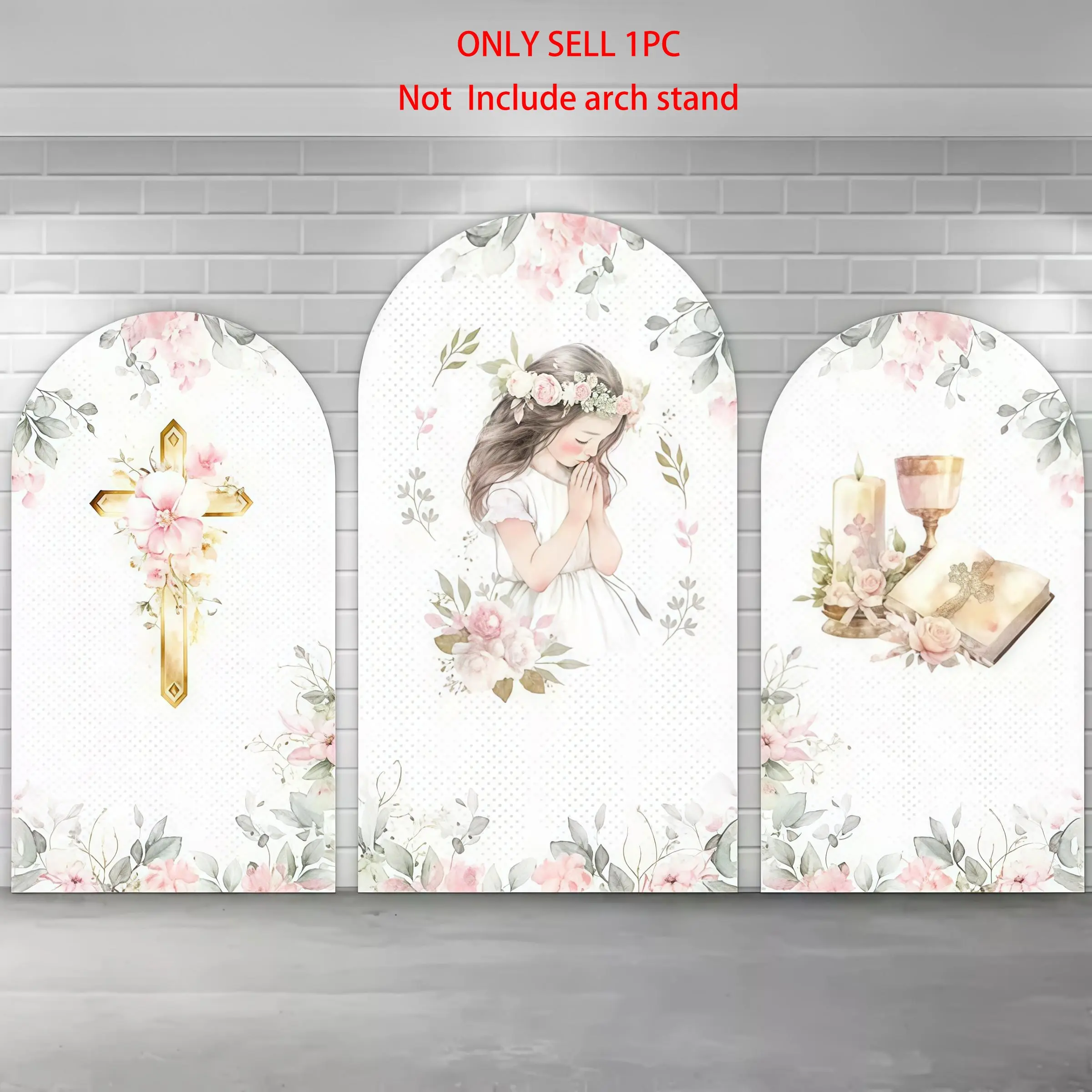 First Communion Floral Arch Covers Stretchy Polyester Fabric Backdrop – Praying Girl & Gold Cross Design, Perfect for Religious Ceremony & Communion Event Photo Backdrop, Party Backdrop Decoration