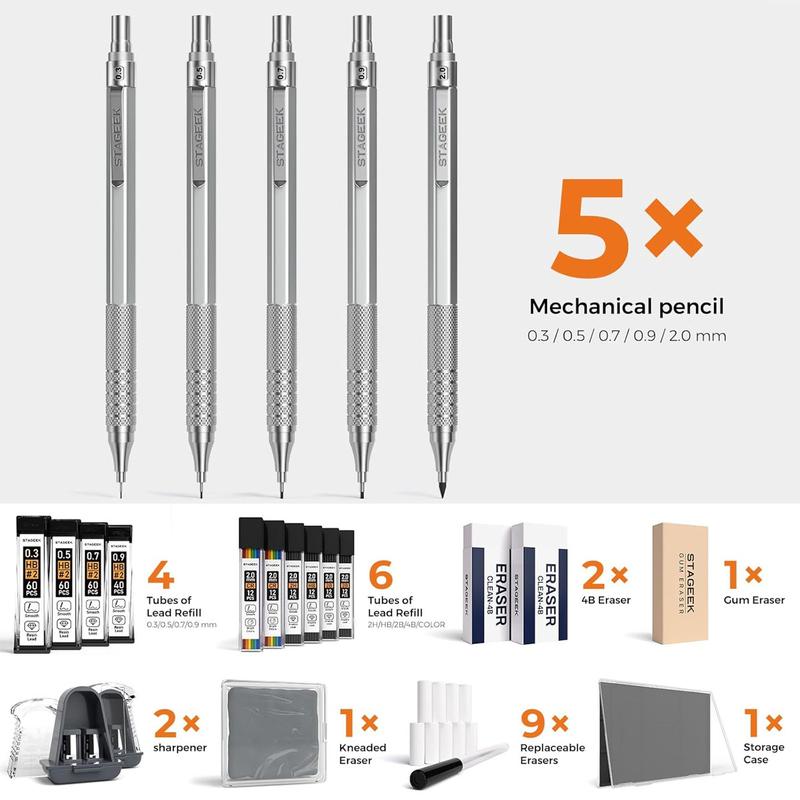 STAGEEK 21PCS Metal Mechanical Pencil Set, Art Lead Pencil 0.3, 0.5, 0.7, 0.9, 2mm Holder(HB 2H 2B 4B Color) with 10 Tubes Graphite Lead Refills Eraser with Case for Drafting Drawing Sketching