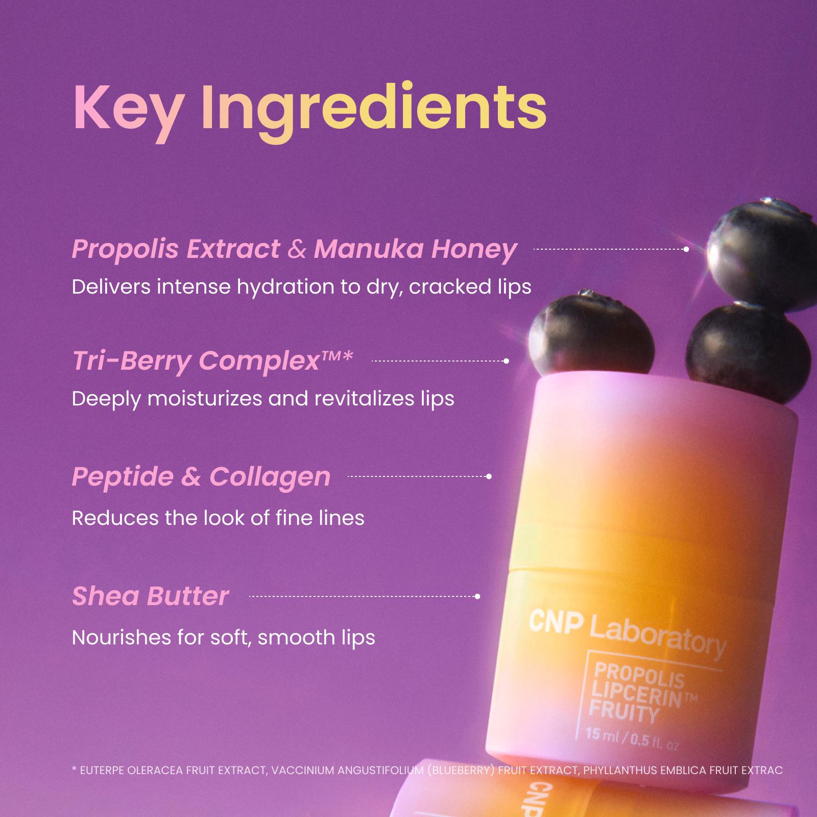 Honey Lip Balm Fruity (Berry Flavor)- Propolis Lipcerin, Overnight Manuka Lip Butter & Balm & Mask, 12hrs Long-lasting Moisture, Gentle Exfoliation, Korean Skin Care, Shea Butter, Deep Nourish & Hydrate, Moisturizing (0.5 fl.oz / 15ml)