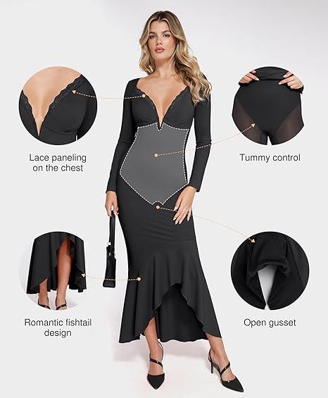 Popilush Shapewear Long Sleeve Lace Trim Mermaid Maxi Dress Chic Casual