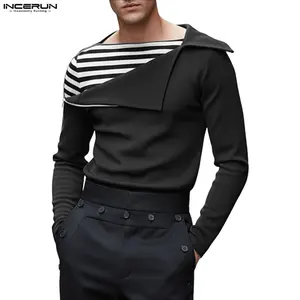 INCERUN Men's Black Asymmetrical Neck Fall T-Shirt - Avant-Garde, Striped Patchwork, Zipper Off-Shoulder Pullover Top - Menswear, Fashion Fabric Streetwear for Parties