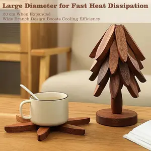 Foldable Heat-Resistant Wooden Trivet Set, Tree Shape Trivet Set, 3 Walnut Wood  + 1 Stand stored Like a Christmas Tree, Foldable Kitchen Wooden Trivet, for Hot Dishes Pot Bowl Teapot Hot Pot Holder(Walnut Wood)