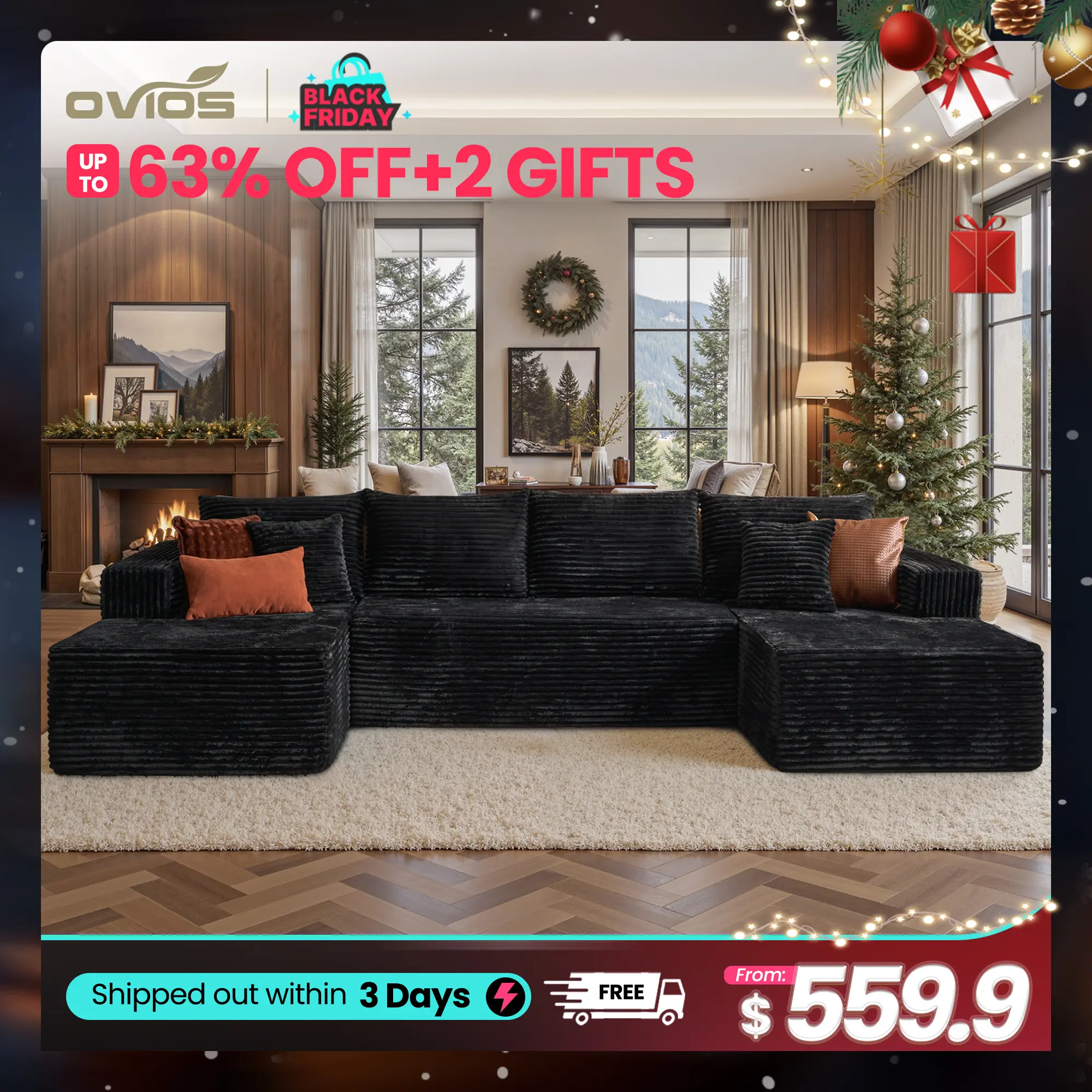 【3 Packages Shipping】Ovios 135" Sectional Cloud Sofa with Ottoman for Living Room, U Shaped Modular Floor Boneless Couch with Chaise, Plush Corduroy, No Assembly Required, Big Comfy Couches Set with Fluffy Memory Foam