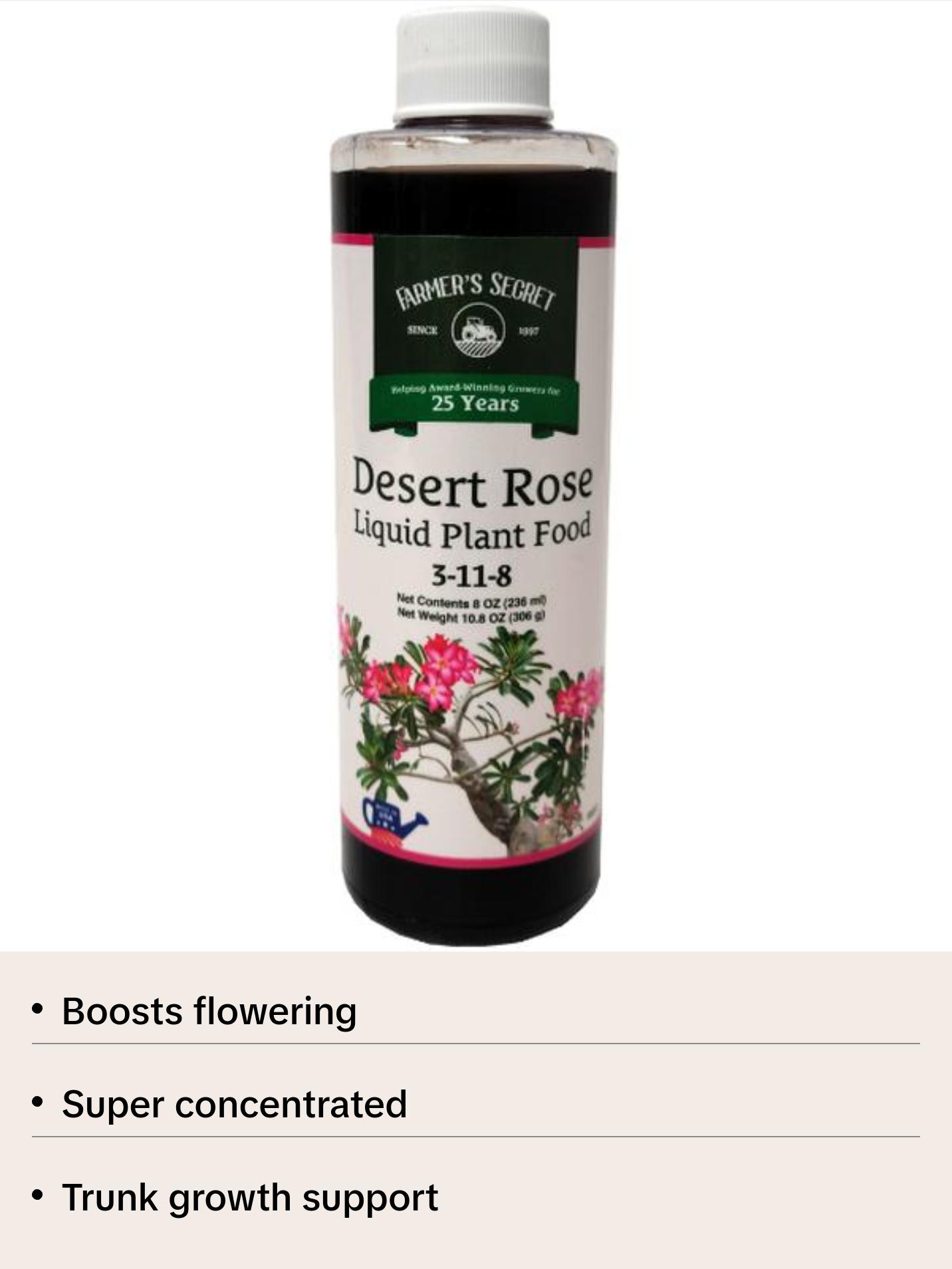 Farmer's Secret Desert Rose Liquid Plant Food Fertilizer (8oz) - Super Concentrated - Promote Flowering and Trunk Growth - 3:11:8 Ratio