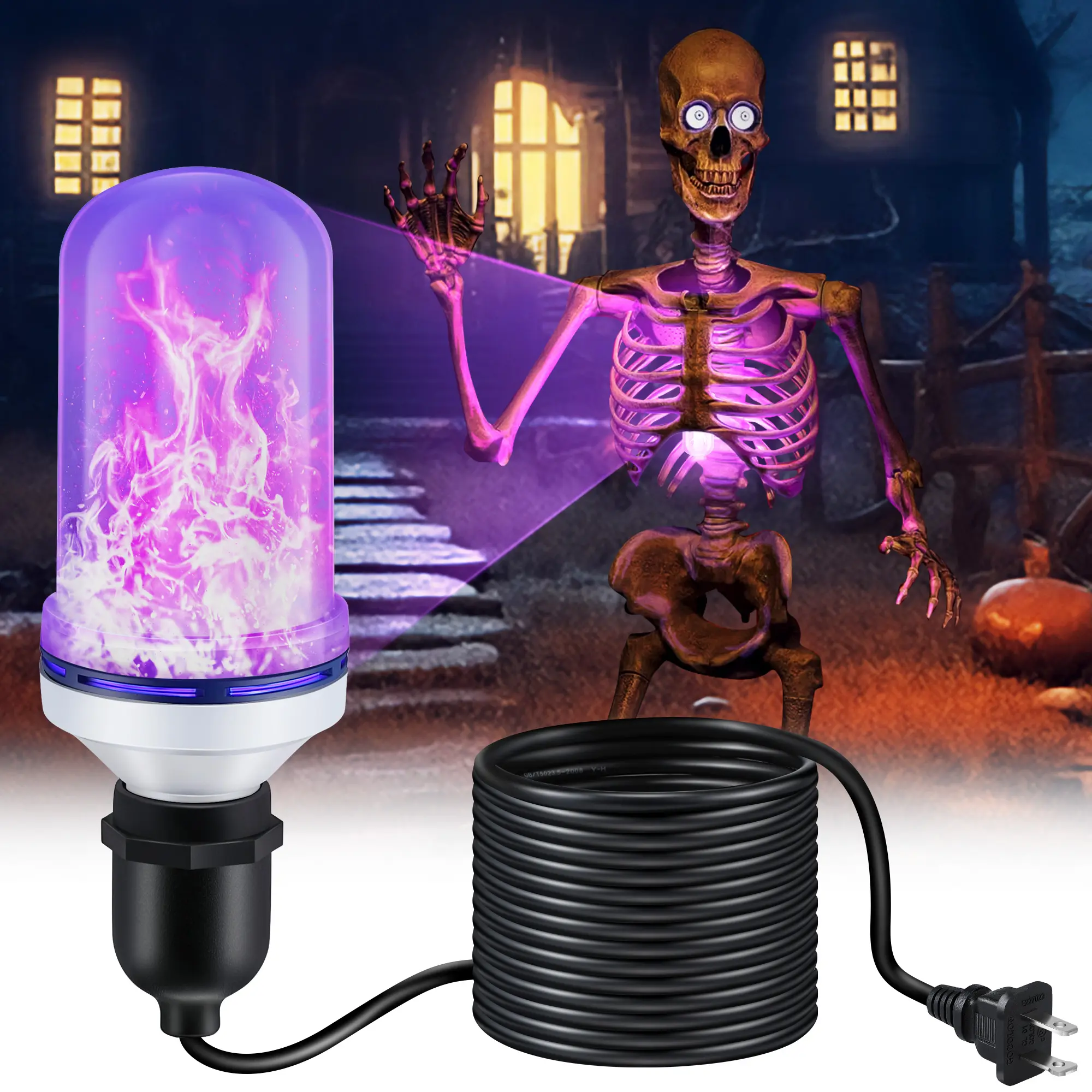 Halloween Skeleton Light Upgrade Kit Flame Effect E26 LED Bulb with 16.4ft Extension Cord and 3 Light Modes for Skeleton Decorations Outdoor Halloween Yard Decor Haunted House Props and Spooky Party Decor(Skeleton Not Included)