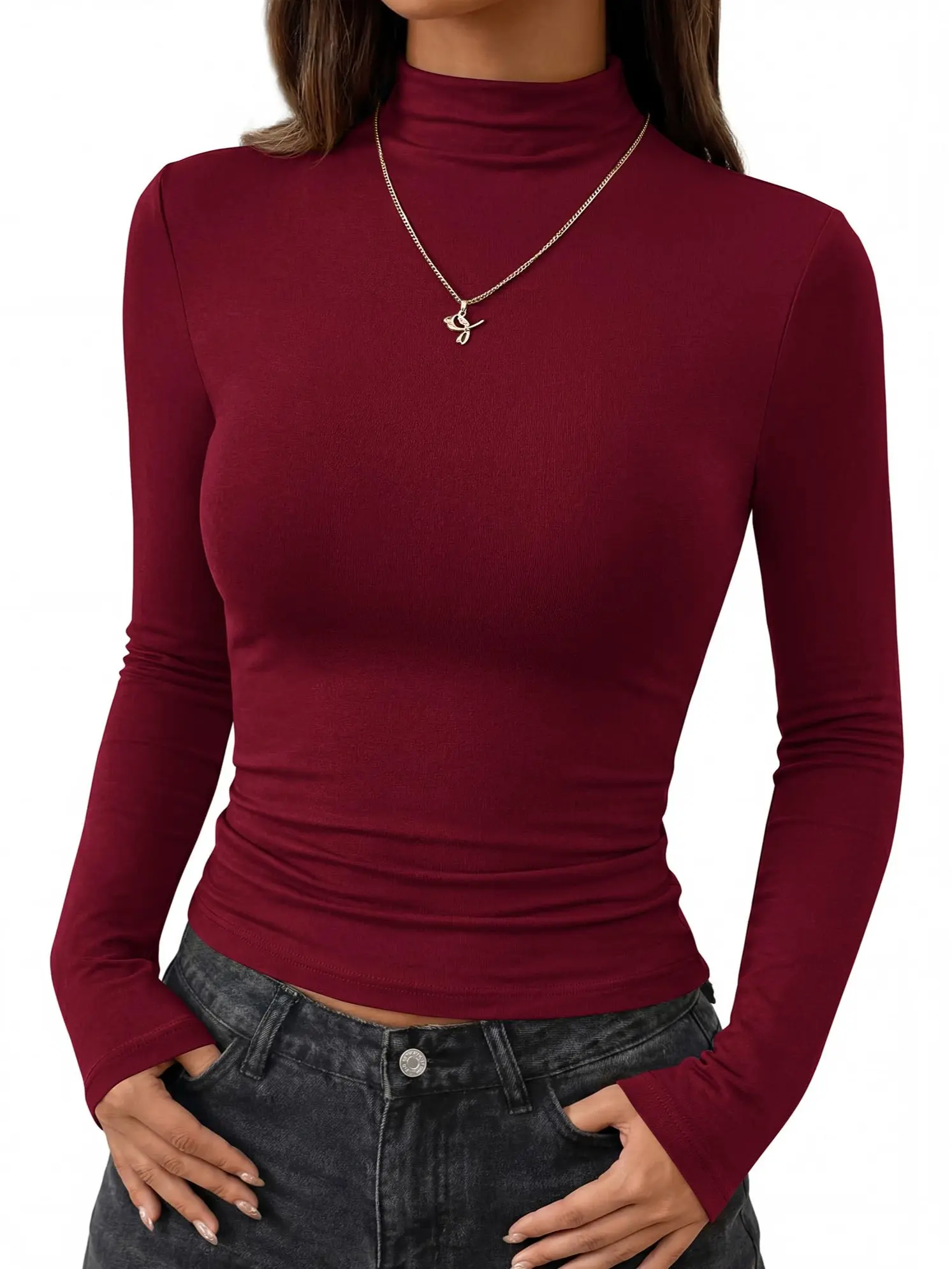 BTFBM Mock Turtleneck Tops for Women Long Sleeve Shirts Fitted Fall Fashion Clothing Basic Thermal Layering Undershirts