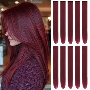 22 inch Burgundy Hair Extensions, Colored Party Highlights Clip in Synthetic Cherry Red Hair Extensions, Colorful Long Straight Hairpieces for Girls Women Kids Favor Gift(10 PCS Wine Red)