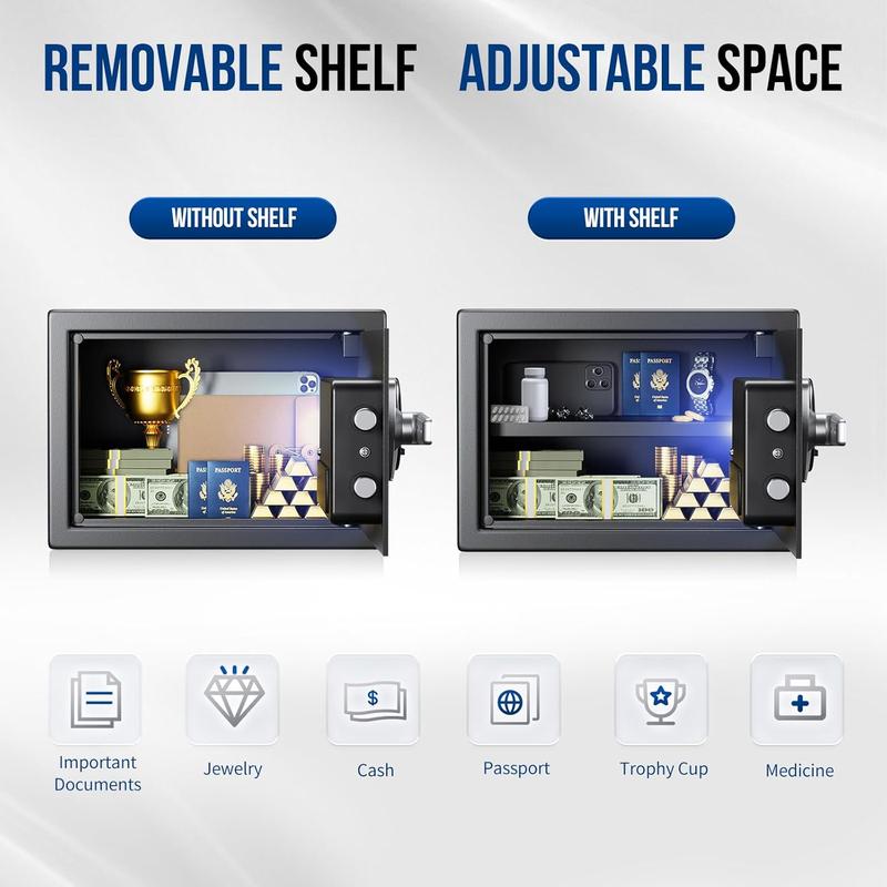 BlackSmith Home Safe 1.0 Cub Biometric Safe Box Fingerprint Recognition Security Safe with Keys Keypad Lock Box Secure Jewerly Valuables Wall Mount Cabinet Safe with LCD Display Dual Alarm System