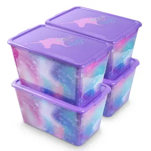 Hansmart Storage Organizer Bins with Lids 4PC 58QT Heavy-Duty Container Boxes Stackable Nestable Plastic Large Totes Rainbow Mermaid Design for Home Office Garage