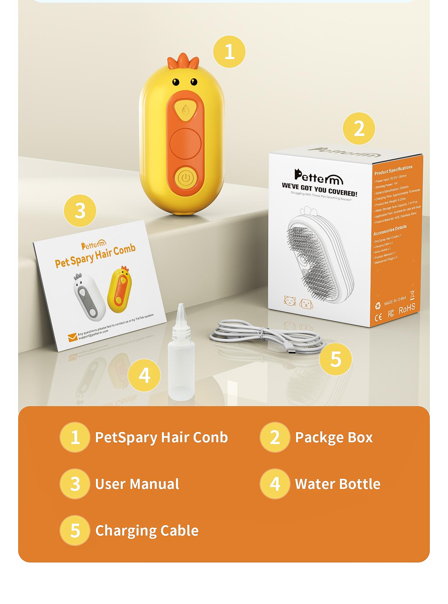 Petterm Upgraded 3 in 1 PET Steam Brush, Spray Hair Removal Comb with Release Button, Anti-Static Fine Spray, Effective for Dogs and Cats