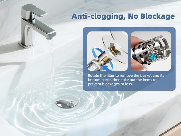 Hibbent Universal 3-in-1 Bathroom Sink Strainer  Universal Pop Up Sink Stopper with Big Push Cap Anti-Clogging Metal Filter Basket,Sink Plug with Hair Catcher for 1.1''~2.36'' Basin, Chrome