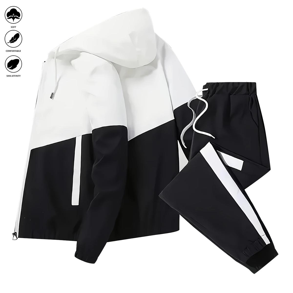 Men's casual two-piece sports outfit - all-season loose multi-color sportswear set with hooded pullover, zipper jacket, long-sleeved coat, pants, jogging pants, gym workout running outdoor set