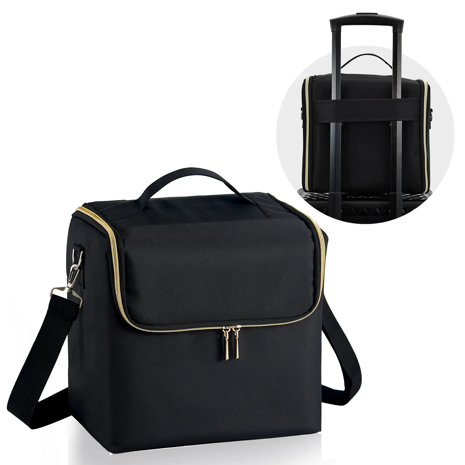 Professional Makeup Bag with 4-Tier Trays Large Makeup Case Travel Cosmetic Train Case Storage Nail Tech Box with Shoulder Strap