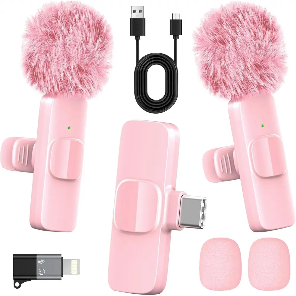 Pink Rechargeable Wireless Lavalier Microphone - Audio Live Podcast Equipment for iPhone & Android, Mini Clip-On, Noise Cancellation, 65ft Range, 8H Battery, USB-C/Lightning, TikTok/YouTube Live Streaming, Rechargeable Wireless Mic