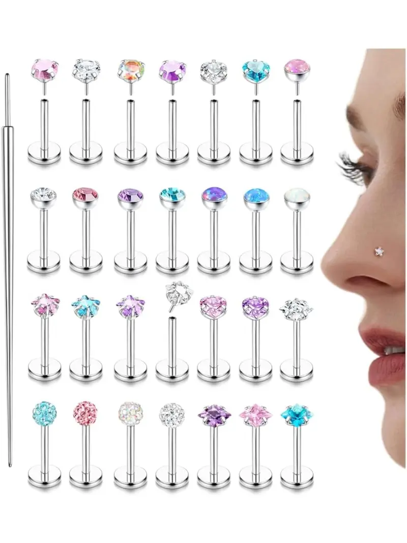 28PCS Threadless Nose Studs Hypoallergenic Flat Back Earrings Surgical Steel Opal Helix Piercing Tragus Stud Conch Cartilage Medusa Labret Piercing Jewellery For Women Men 6/8MM Nose Piercing Jewelry