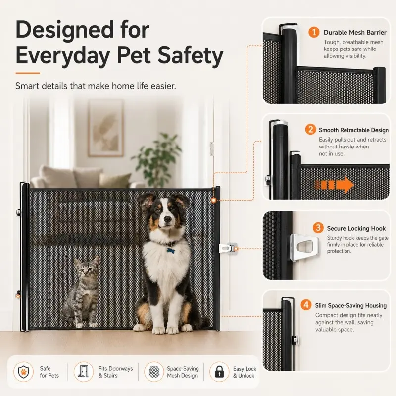 Heavy-Duty Retractable Pet Gate, Fence with Door - Drill-Free Installation, Foldable Design with Locking Mechanism, Suitable for Great Danes, Australian Shepherds, Durable Fabric Construction, Ideal for Home, Indoor/Outdoor(Model: DM415)