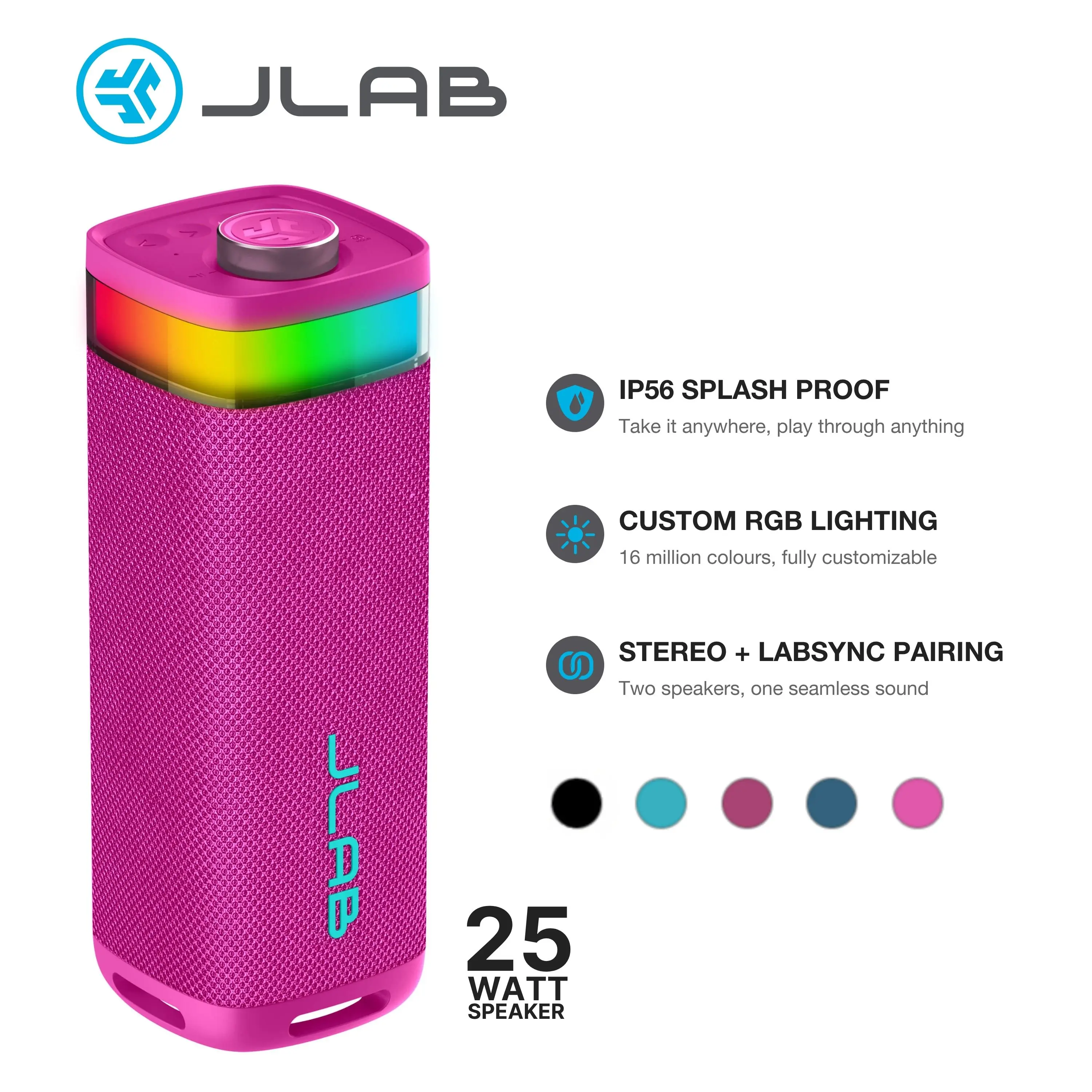 JLab JBuds Party Portable Bluetooth Speaker 30W 12H Playtime RGB Lighting IP56 Waterproof Stereo Pairing LabSync Up to 100 Speakers, USB-C