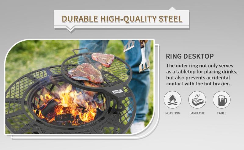 BALI OUTDOORS 2-in-1 Wood Burning Fire Pit with Removable Cooking Grill Black Ultra-Durable Iron Grate 360-Degree Rotation Adjustable Height for Heating and BBQ Christmas gift