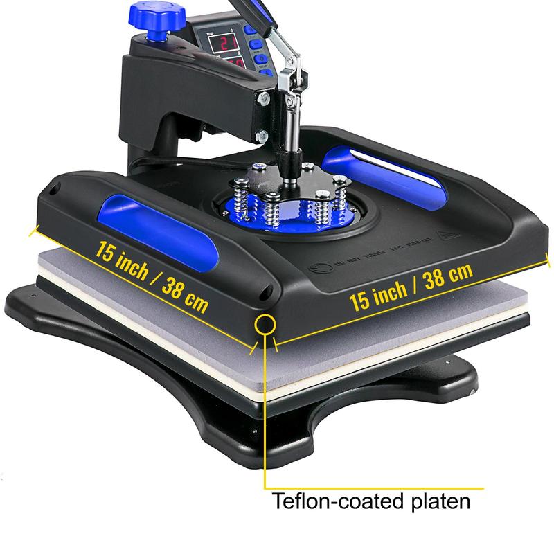 VEVOR Heat Press Machine 15 x 15 Inch 8 in 1 Heat Press 800W Sublimation Machine 360° Rotation Swing Away 8 in 1 Shirt Printing Machine Dual-Tube Heating for DIY T-Shirts Cap & Mugs Blue