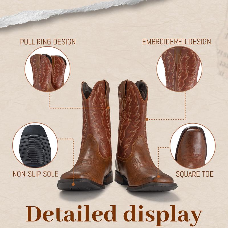 IUV Cowboy Boots For Men With Square Toe Retro Western Boots With Embroidered, Slip Resistant,Chunky Heel Ankle boots,Comfortable Shoes,Footwear Walking shoes