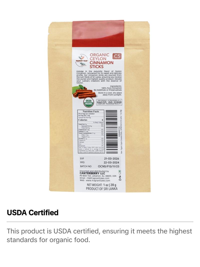 Premium Organic Ceylon Cinnamon Sticks - 2 oz (56g)( 7 - 9, 5" sticks), True Ceylon, USDA Certified, Non-GMO, Gluten-Free, Pure Sri Lankan Cinnamon for Cooking & Baking Premium Organic Ceylon Cinnamon Sticks - 2 oz (56g)( 7 - 9, 5" sticks), True Ceylon, USDA Certified, Non-GMO, Gluten-Free, Pure Sri Lankan Cinnamon for Cooking & Baking