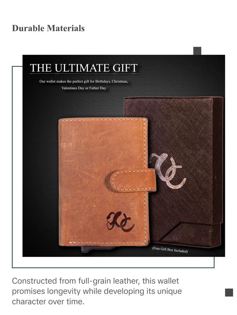 UC Leather Company Automatic Pop-Up Bifold Wallet Leather Compact RFID Blocking for Formal Occasions with ID Window & 8 Card Slots