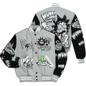 Black Wolf Grey 12s Match Varsity Jacket, Wubba Rick Drip Printed Baseball Jacket, Ricck and Mortyy Merch, 90s Hip Hop Baseball Jacket, Men Women Sports Lightweight Jacket