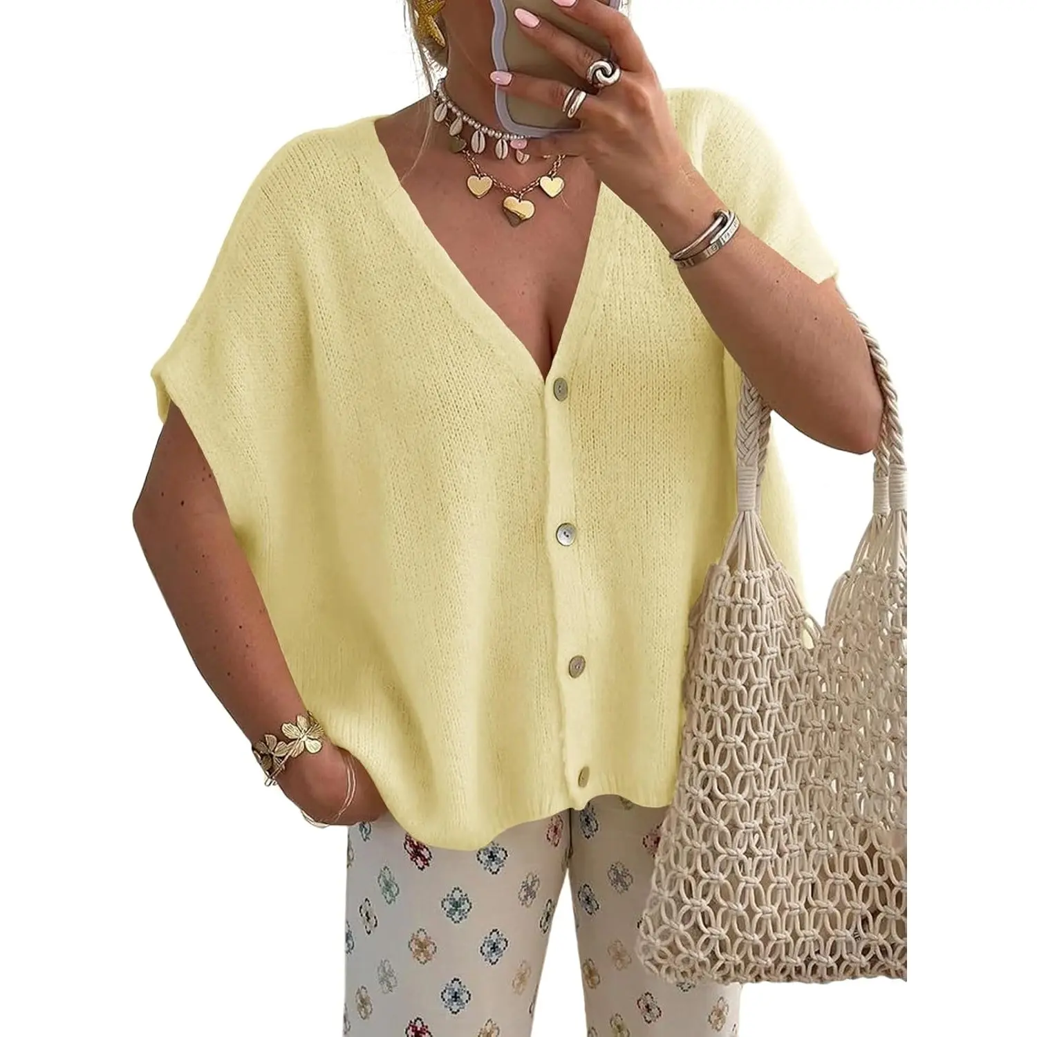 Saodimallsu Women's Fall Baggy Oversized Knit Cardigan - Batwing Short Sleeve, Lightweight Button V-Neck, Fit Everyday Tops, Minimalist & Casual Women's Knitwear, Outdoor Wear,summerwins summerwins,back to school,back to school shopping sohochic