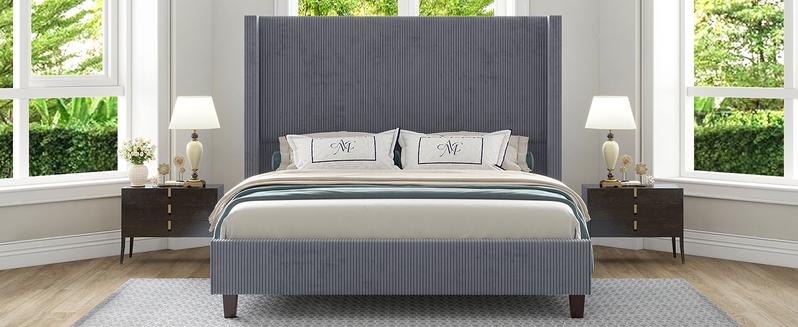 AMERLIFE 61" Corduroy Upholstered Bed Frame, Platform Bed with Vertical Stripe Wingback Headboard, No Box Spring Needed/Unique Bedroom Furniture